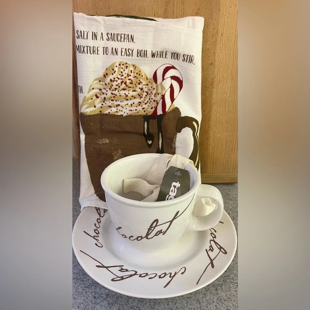 Crate&Barrel White and Brown Chocolat Cup and Saucer Set